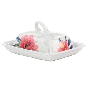 Martha Stewart Covered Butter Dish Peony Collection with Lid 7"  Floral